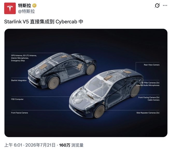 特斯拉Cybercab要接入集成星链：车里还能用上太空互联网