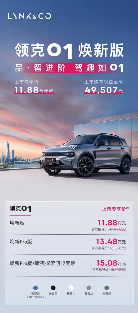 11.88万起!领克01焕新版正式上市:换装悬浮式大屏