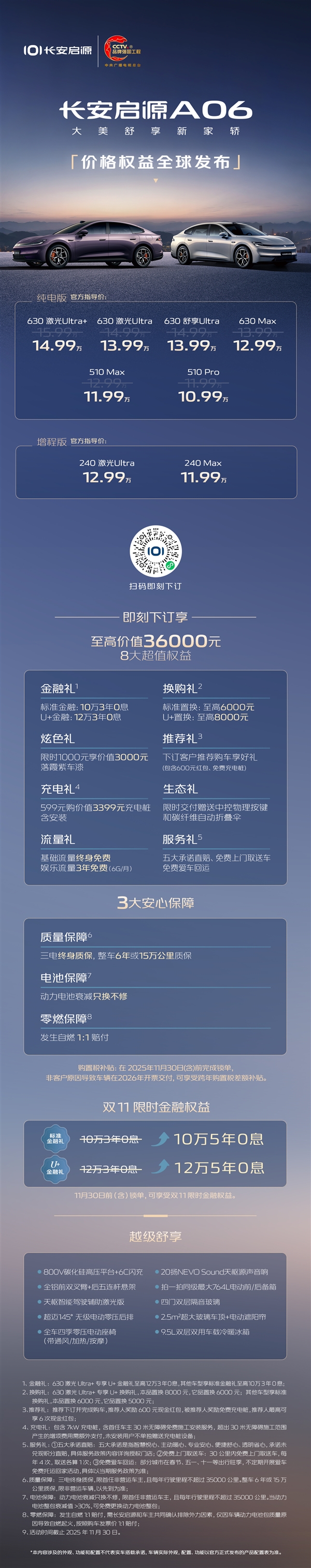 10.99—14.99万元！长安启源A06定价权益正式公布：六款纯电、两款增程